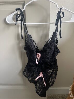 For Love and Lemons Black Lace Tie-Strap Teddy Bodysuit with Pink Bows